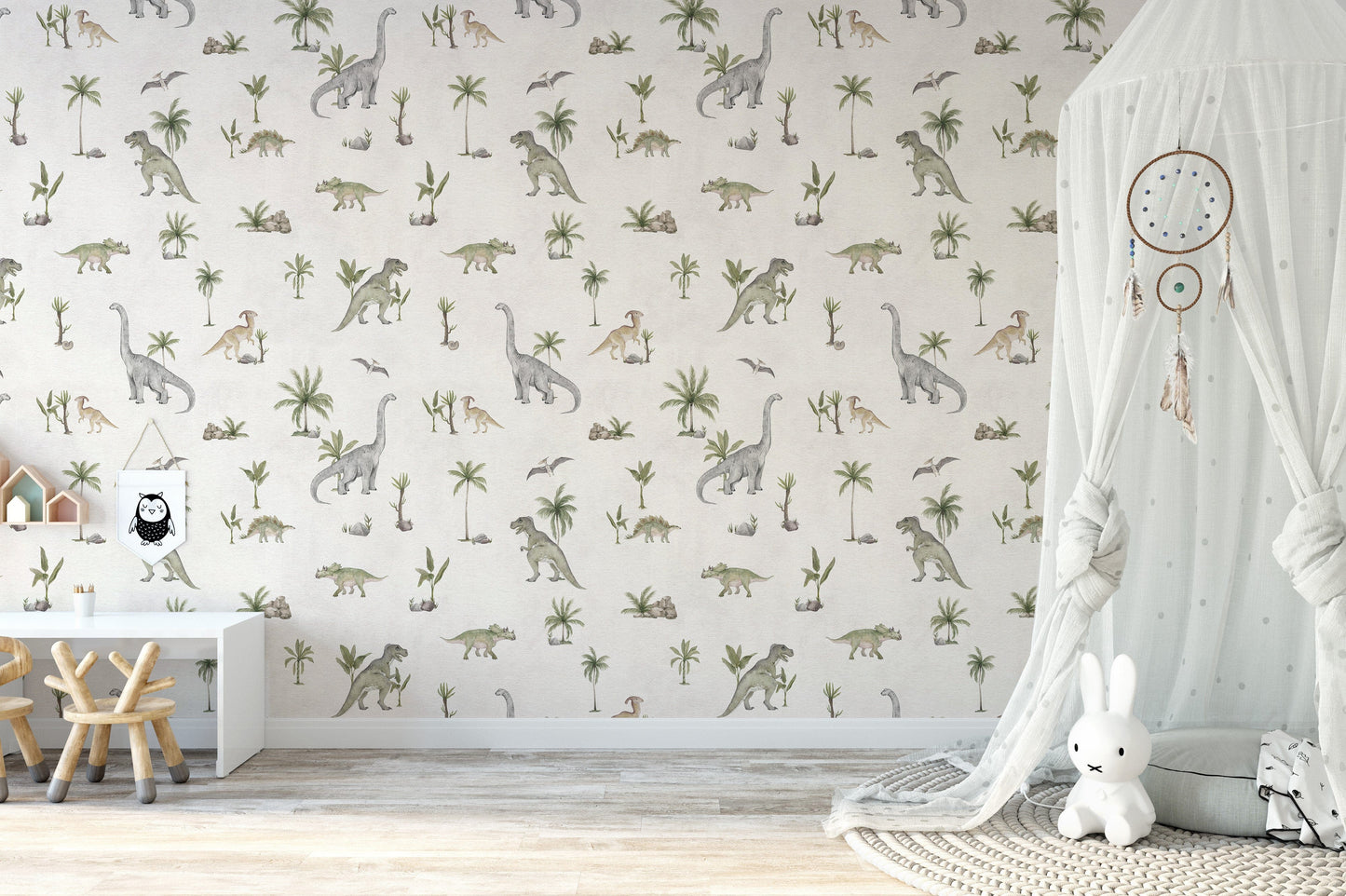 Hand-painted dinosaur wallpaper design
