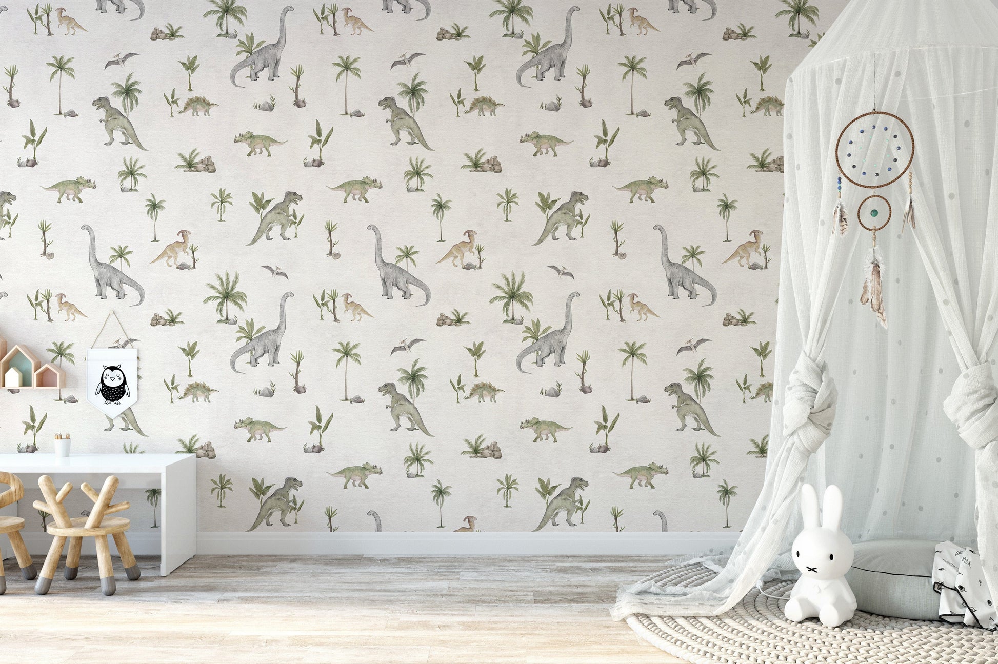 Hand-painted dinosaur wallpaper design
