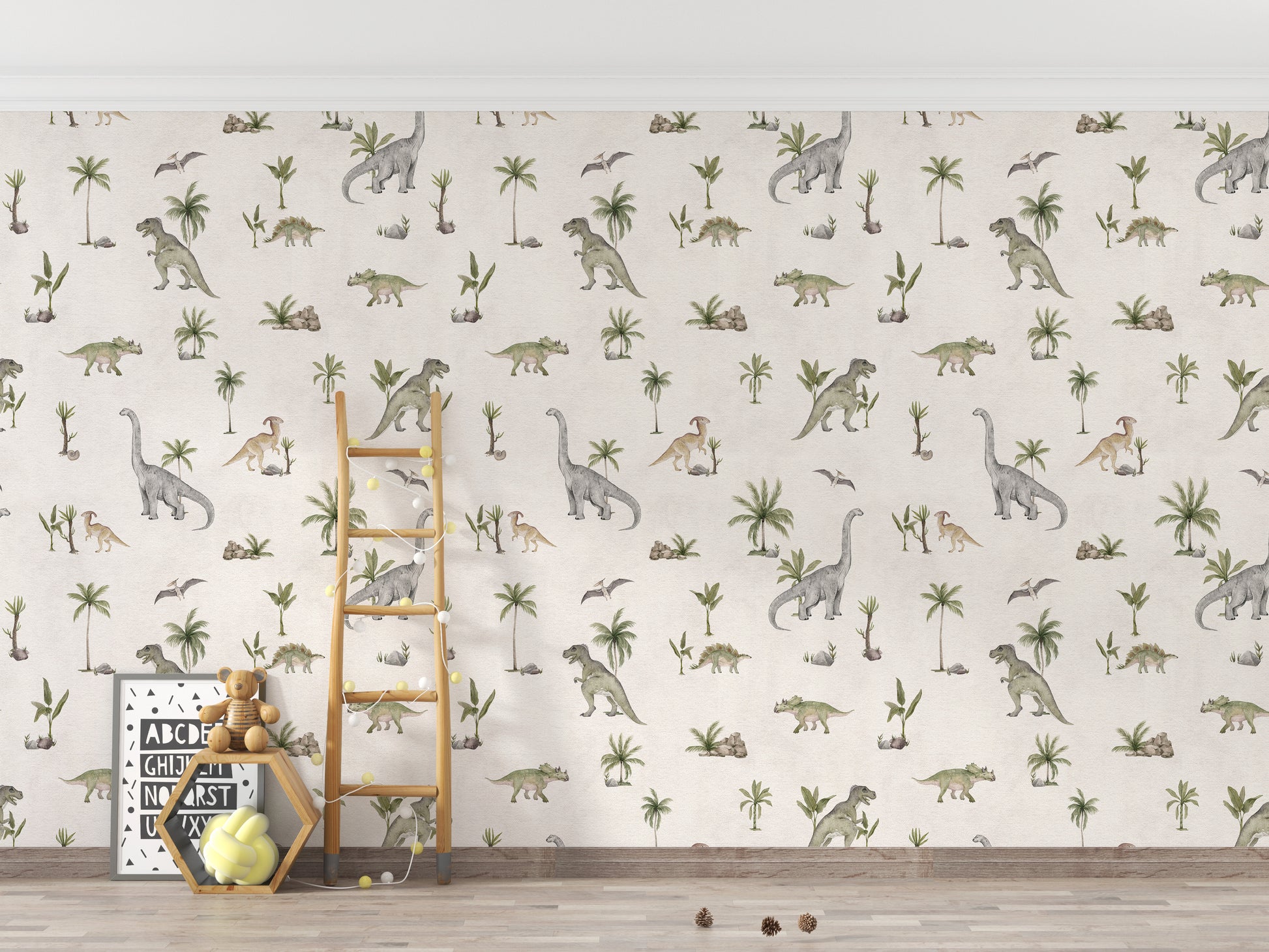 Playful dinosaur wall mural in beige
