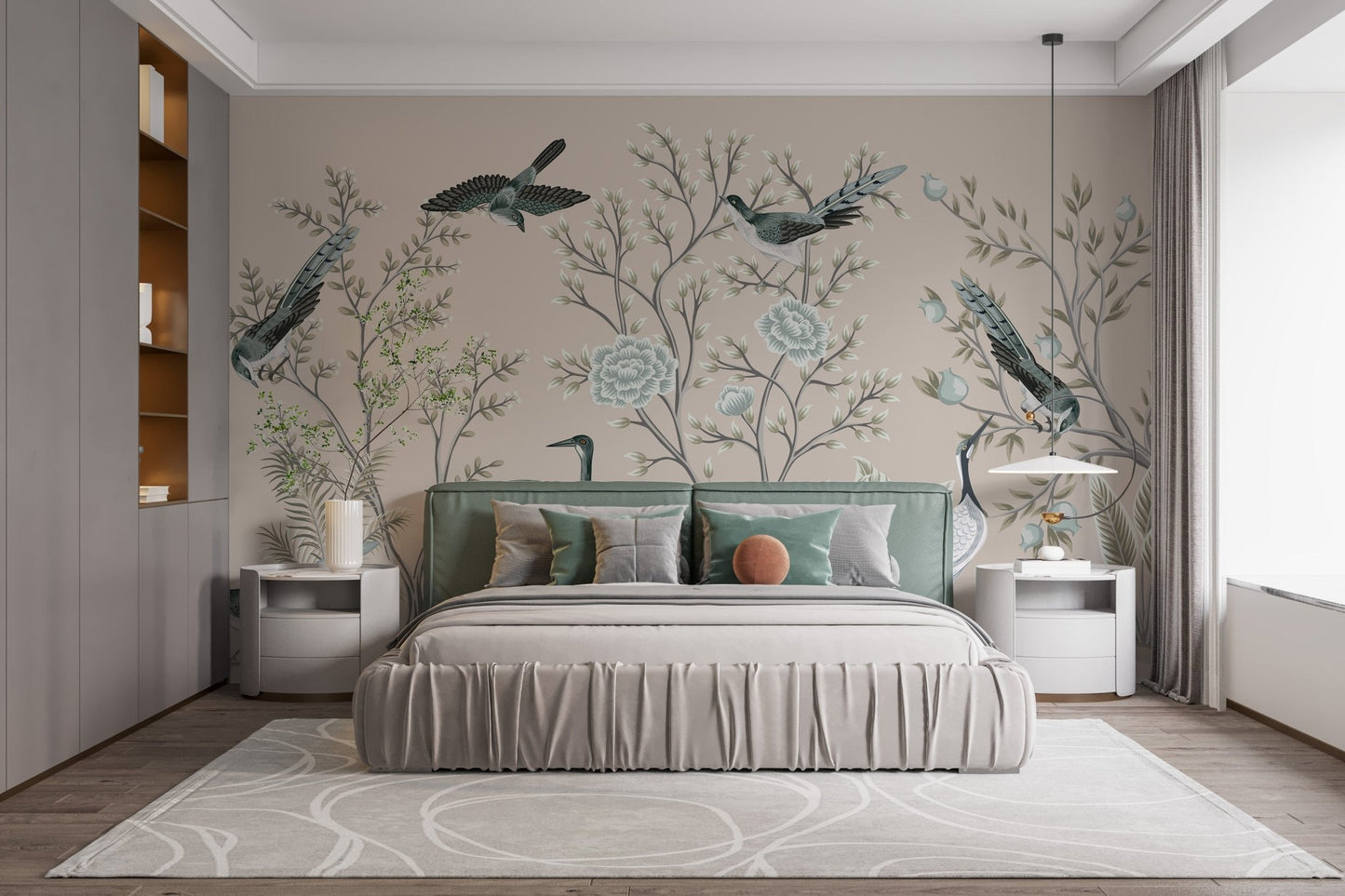 Cream Color Crane Birds on the Vintage Tree Wallpaper Mural - Giffywalls