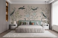 Cream Color Crane Birds on the Vintage Tree Wallpaper Mural - Giffywalls