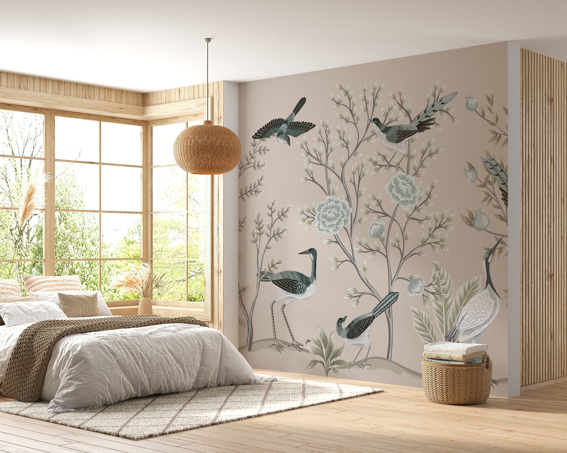 Cream crane bird wallpaper with vintage charm
