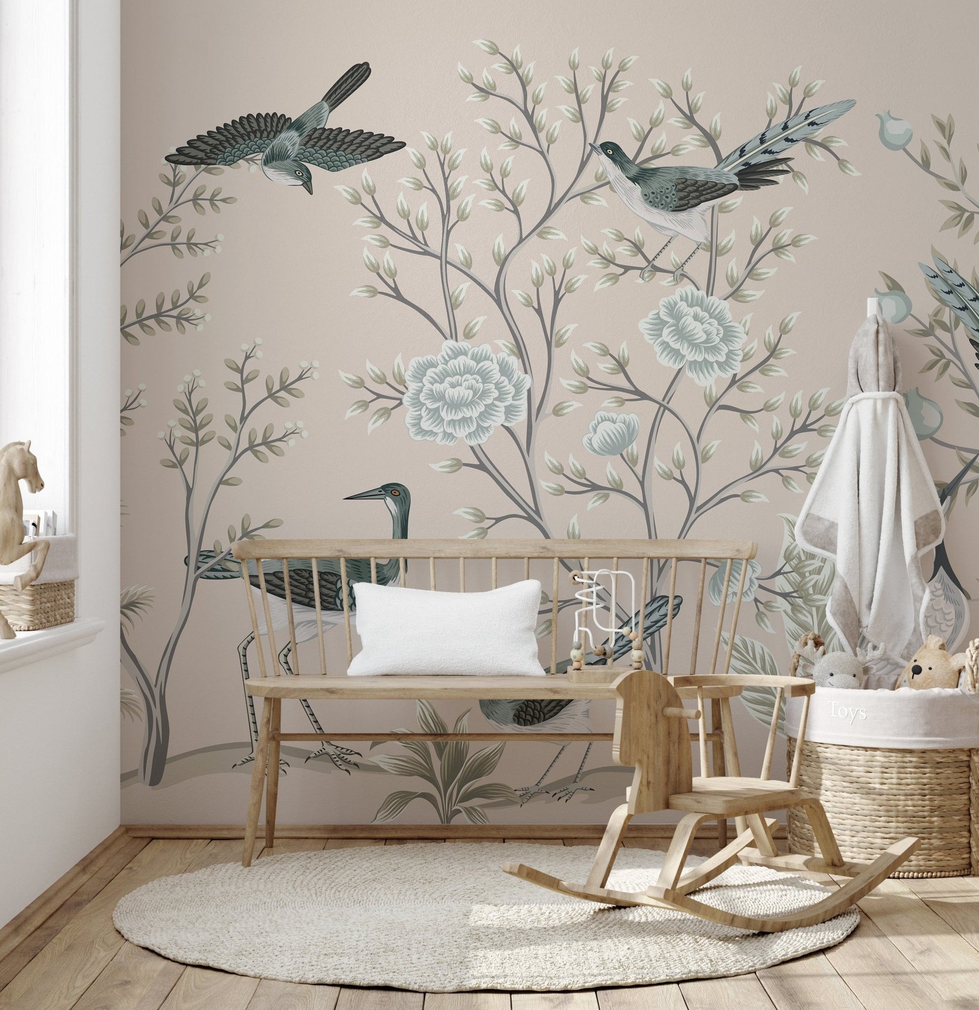 Cream crane birds on vintage tree mural
