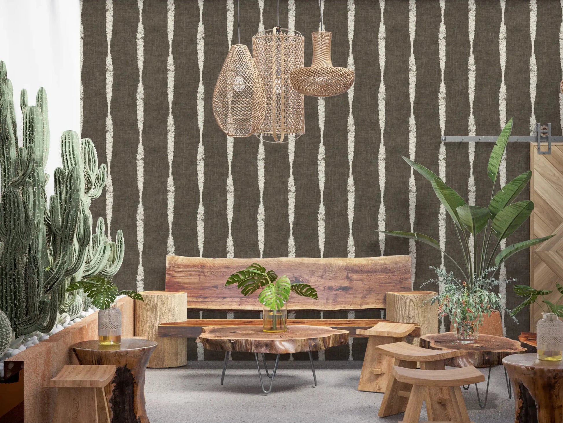 Cream Textured Distressed Stripes on Muted Brown Wallpaper⁠GD9608