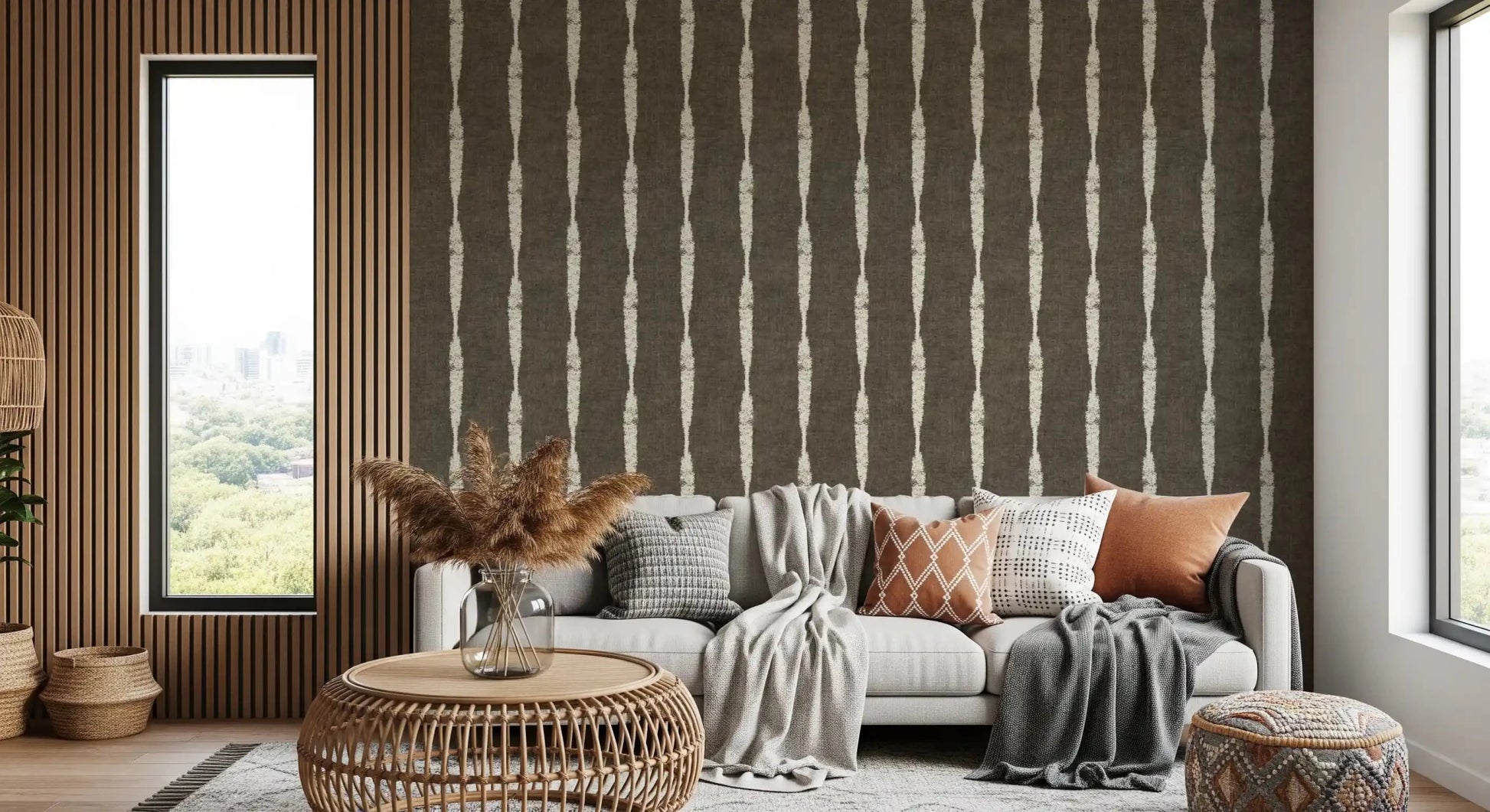 Cream Textured Distressed Stripes on Muted Brown Wallpaper⁠GD9608