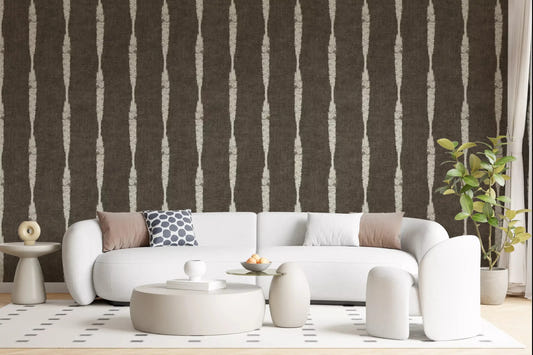 Walnut depth fills the lounge with Cream Stripe Muted Brown wallpaper texture.GD9608