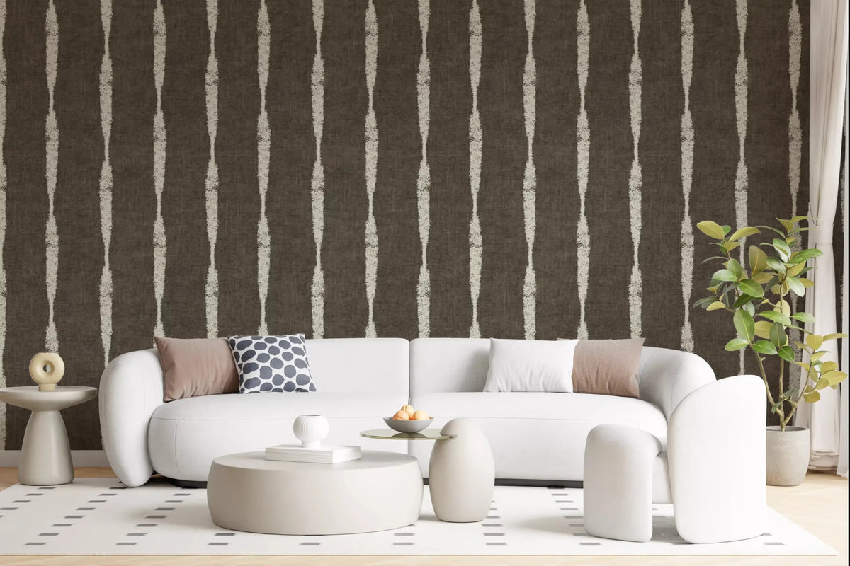 Walnut depth fills the lounge with Cream Stripe Muted Brown wallpaper texture.GD9608