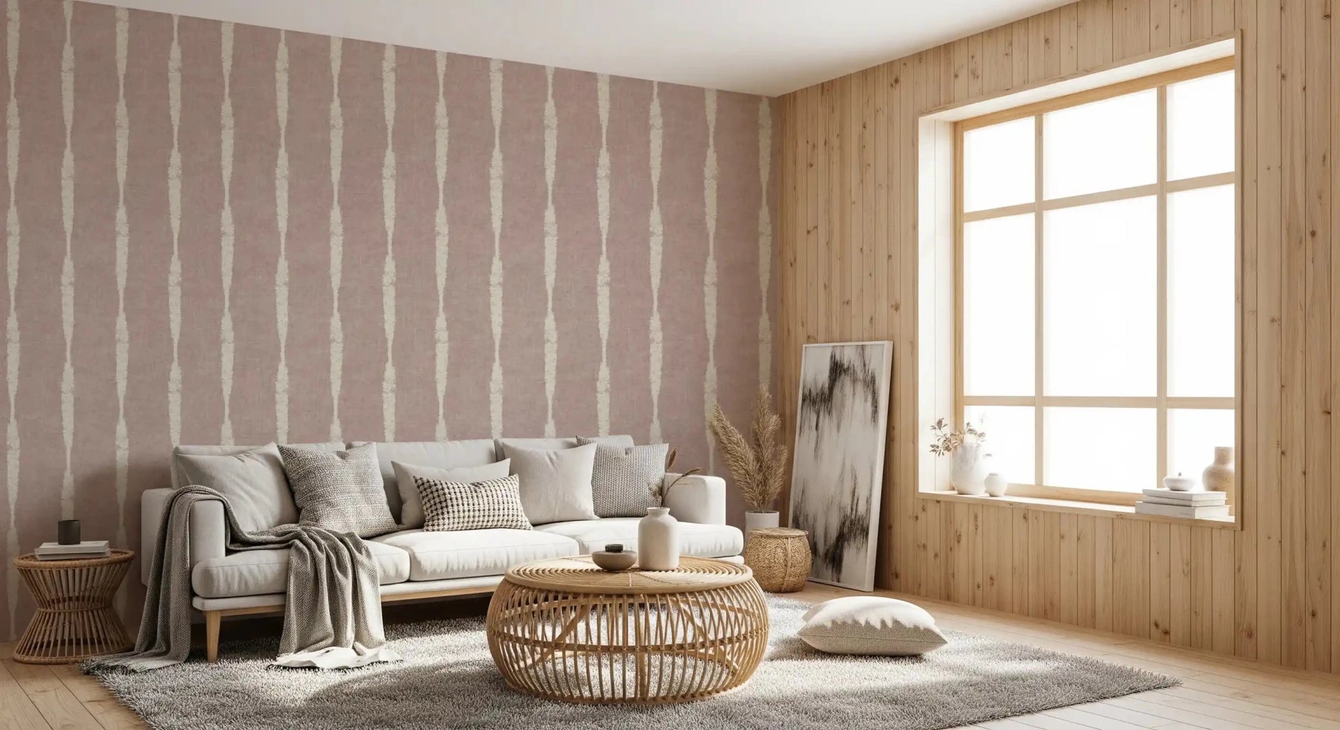 Living room rests in dusty pink linen depth from Cream Stripe Nude Pink wallpaper.GD9609