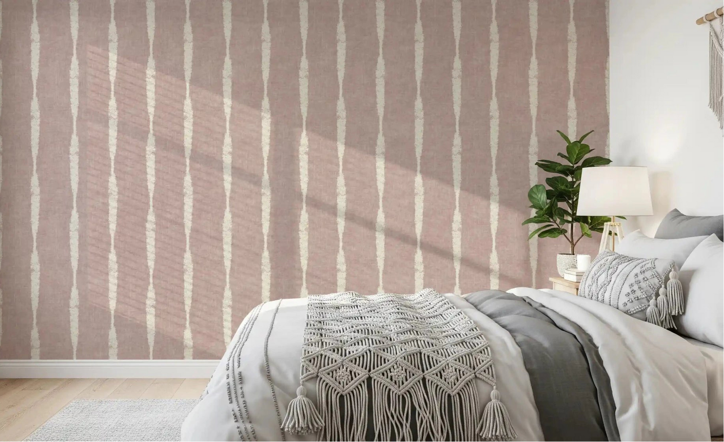 Ivory stripes drop down the bedroom with Cream Stripe Nude Pink wallpaper.GD9609