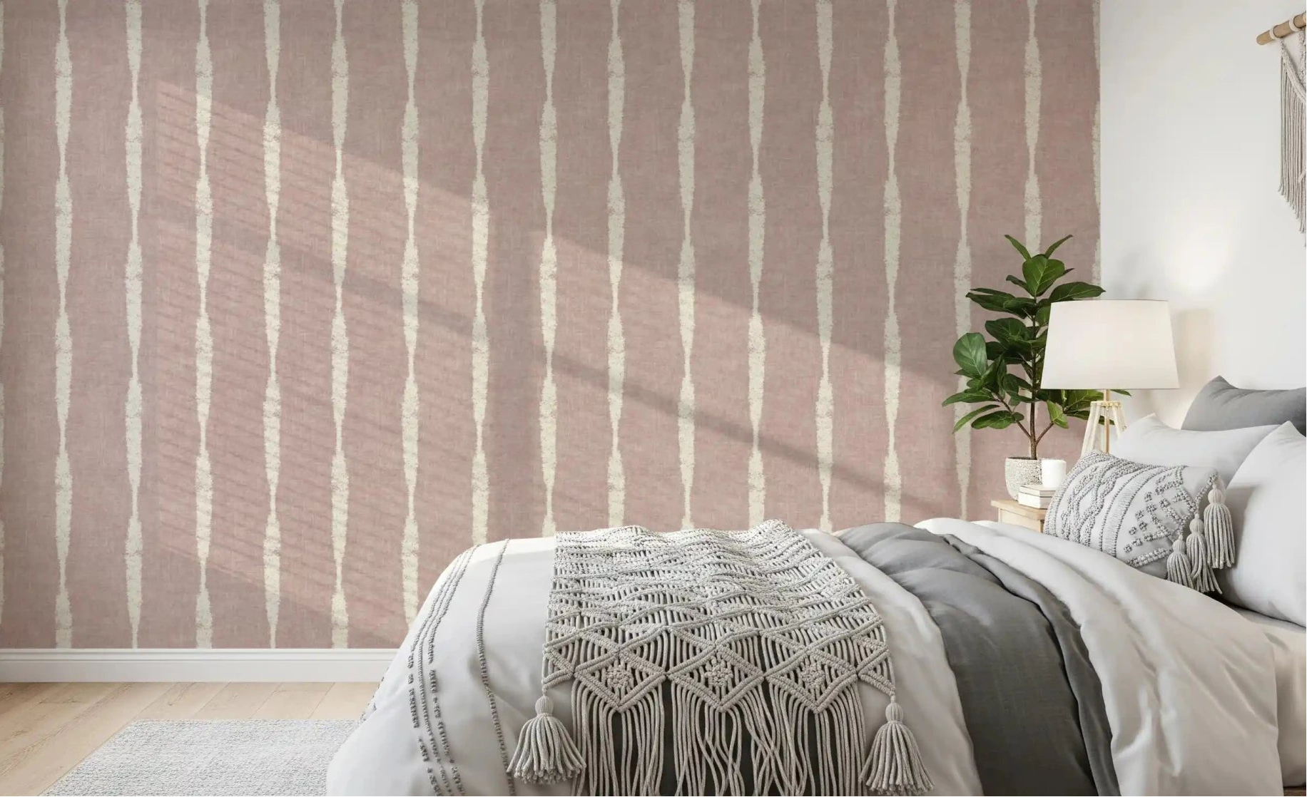 Ivory stripes drop down the bedroom with Cream Stripe Nude Pink wallpaper.GD9609