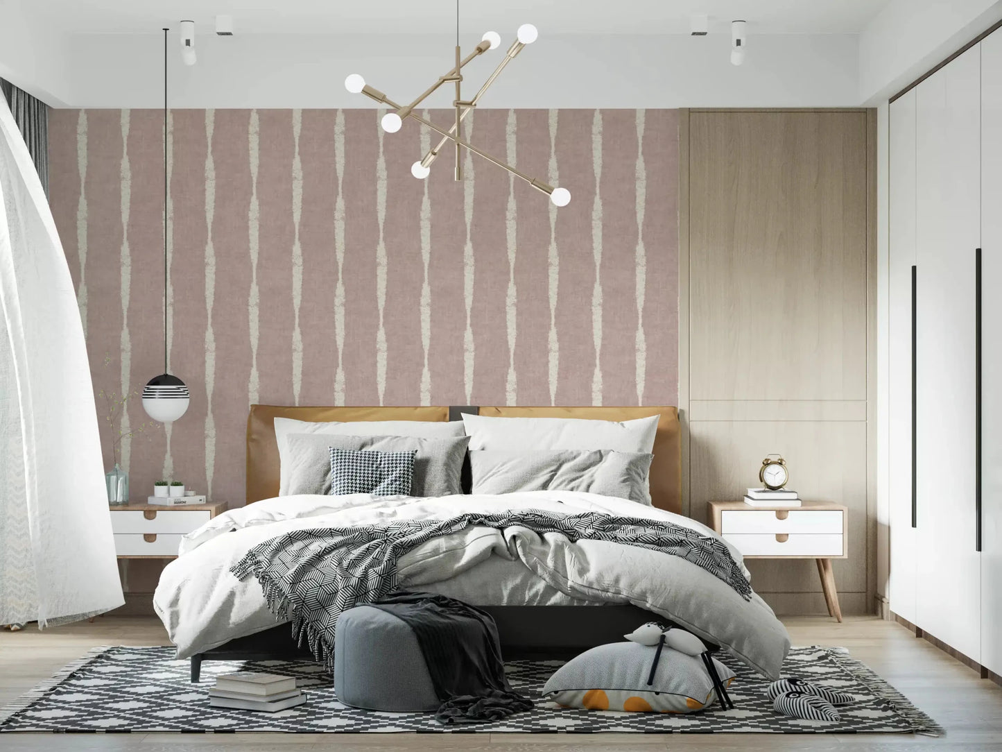 Bedroom backdrop takes a relaxed finish from Cream Stripe Nude Pink wallpaper.GD9609