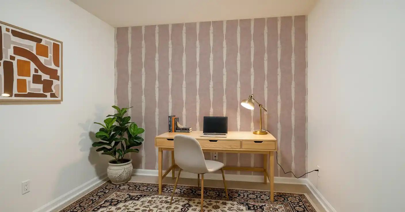 Ivory stripes break the dusty pink base on Cream Stripe Nude Pink wallpaper. ⁠GD9609