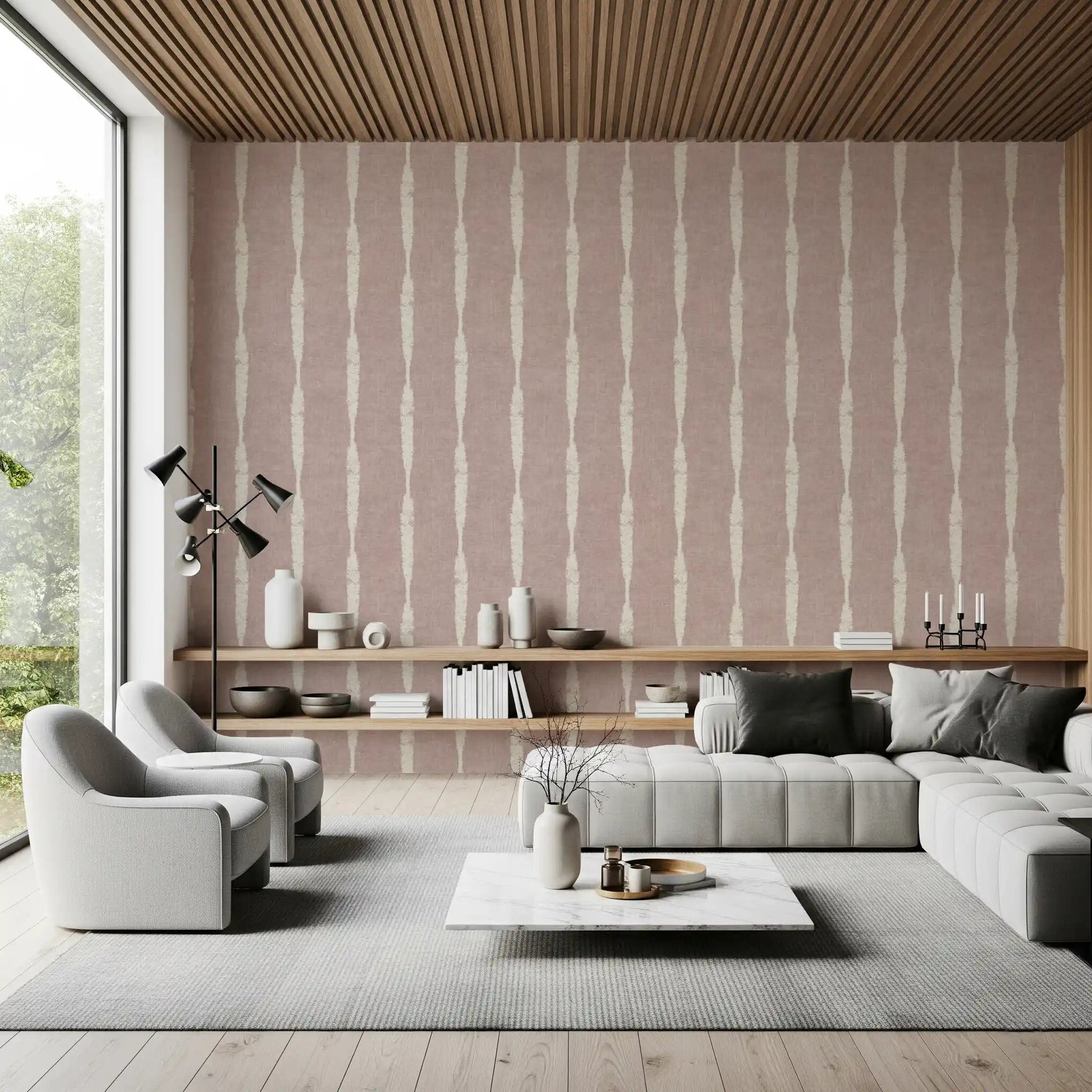 Living room mood leans warmer beside Cream Distressed Stripe Nude Pink wallpaper.⁠GD9609