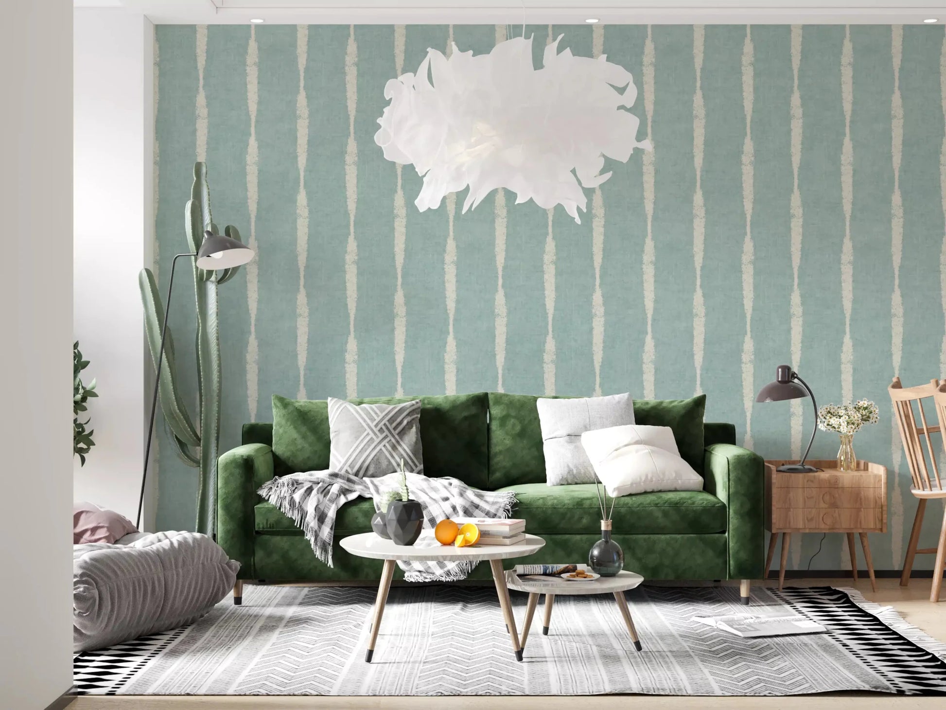 living area rests in coastal linen depth from Cream Stripe Soft Blue wallpaper.GD9610