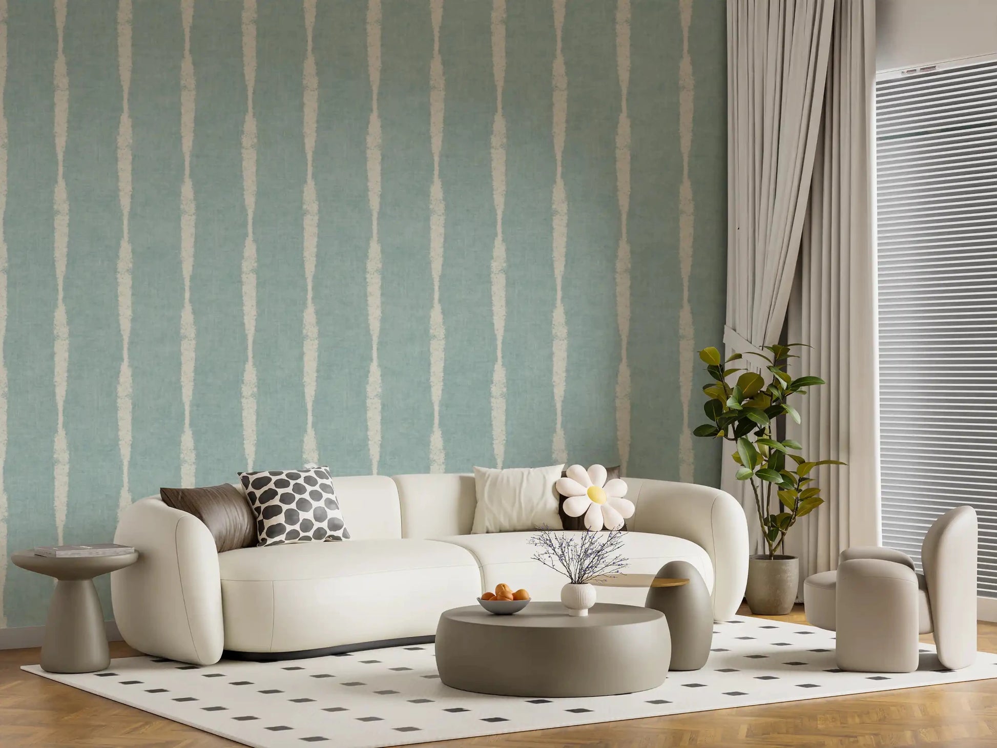 Stripe widths grow and thin freely on Cream Distressed Stripe Soft Blue wallpaper.⁠GD9610