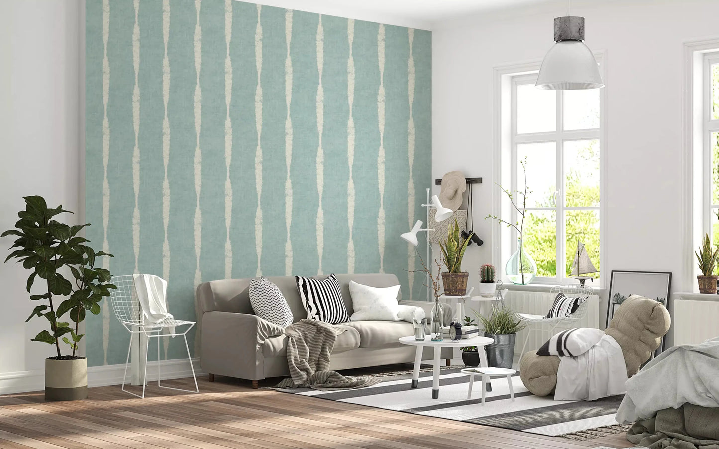 Ivory stripes interrupt the dusty teal base on Cream Stripe Soft Blue wallpaper.GD9610