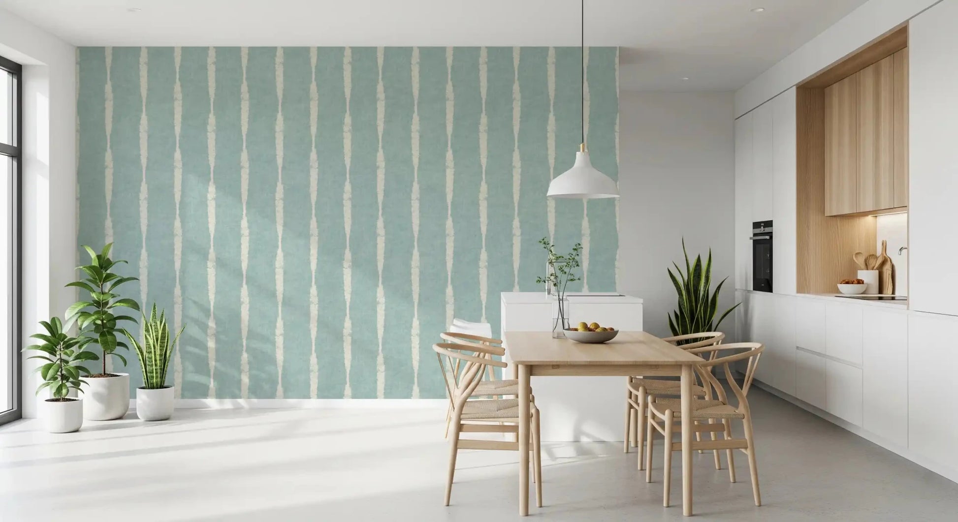 Dining room leans calm beside Cream Distressed Stripe Soft Blue wallpaper.GD9610