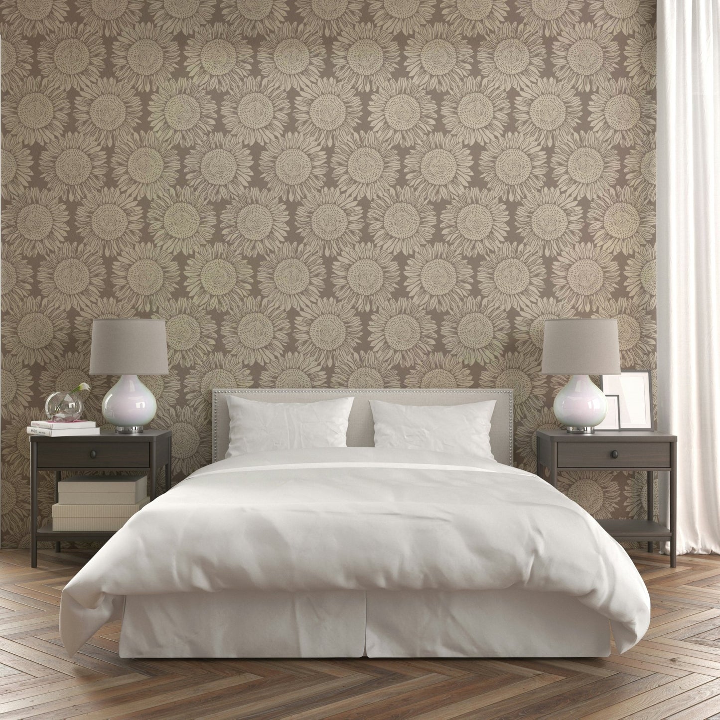 This wallpaper is suitable for a living room, a bedroom, or a sunroom.
