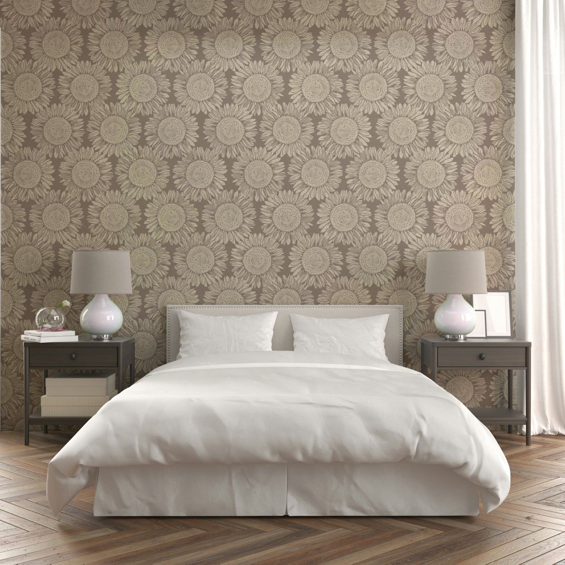 This wallpaper is suitable for a living room, a bedroom, or a sunroom.
