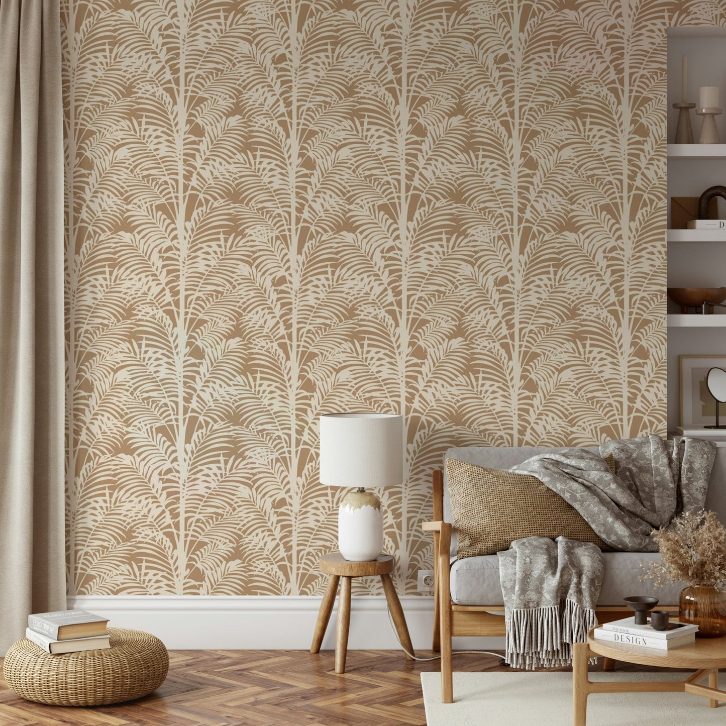 Close-up of a subtle, creamy palm frond pattern

