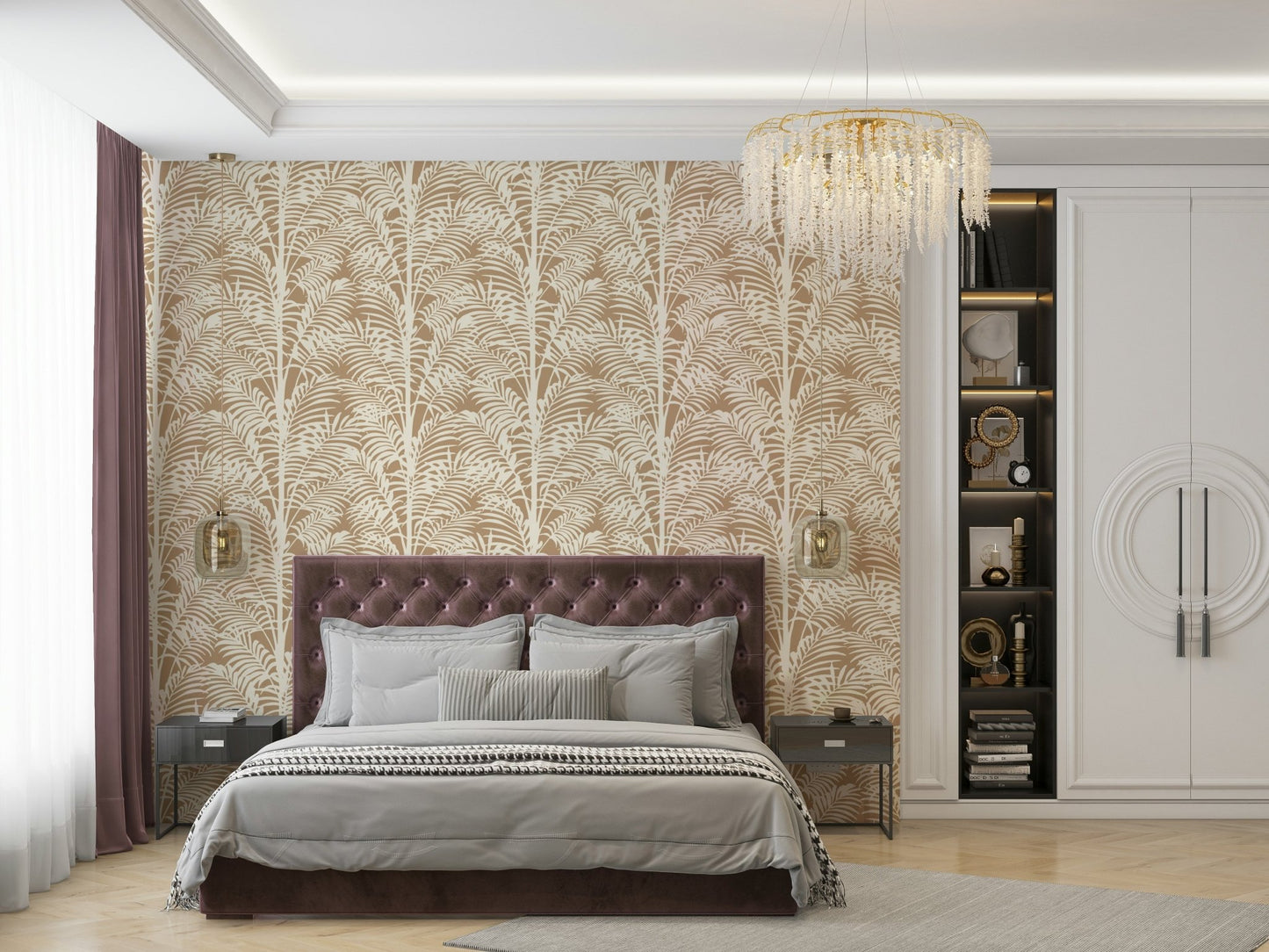 A bedroom decorated with a tropical mural

