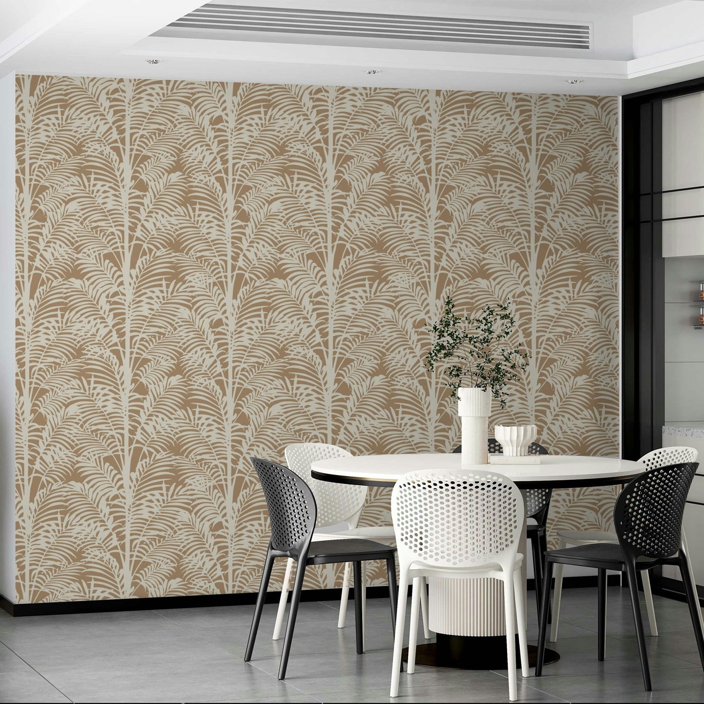 An angled shot of a wall with peaceful wallpaper

