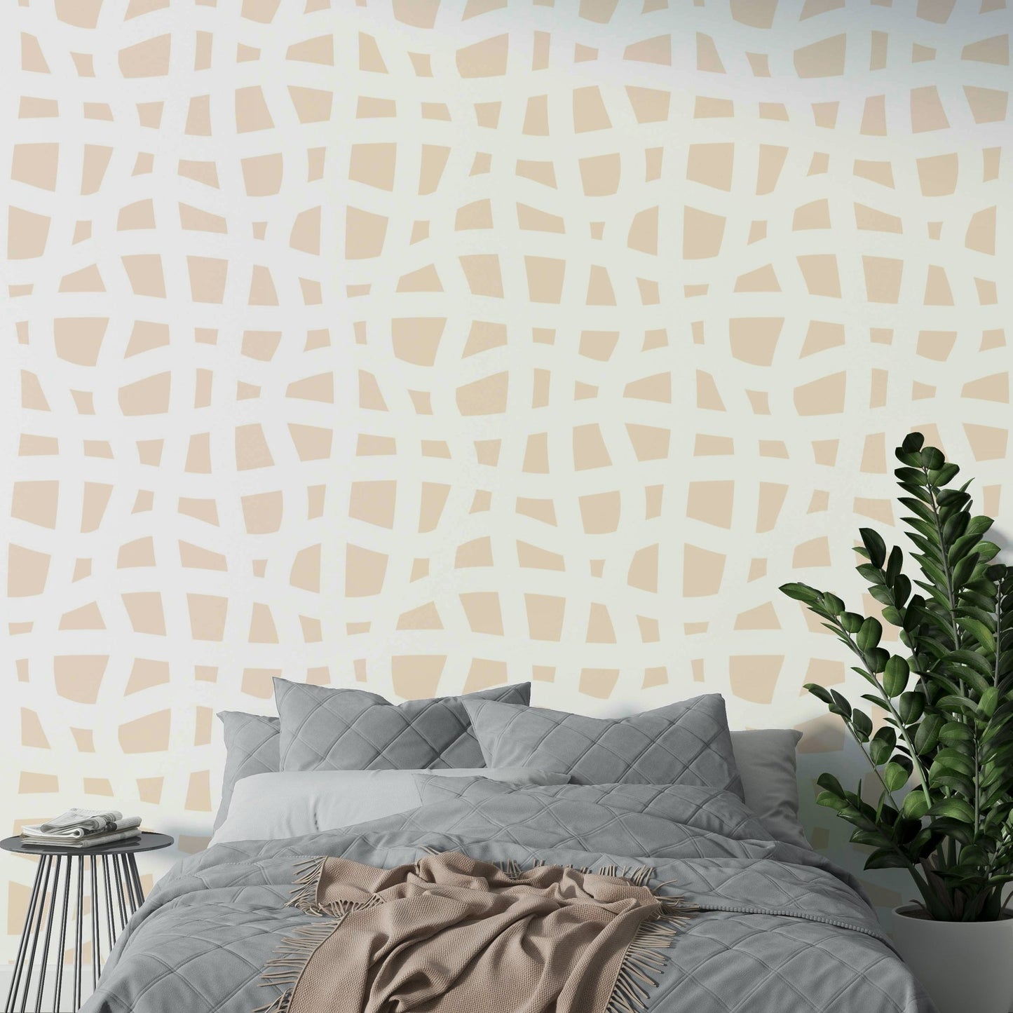 An angled shot of a wall with abstract wavy grid wallpaper, GD4493