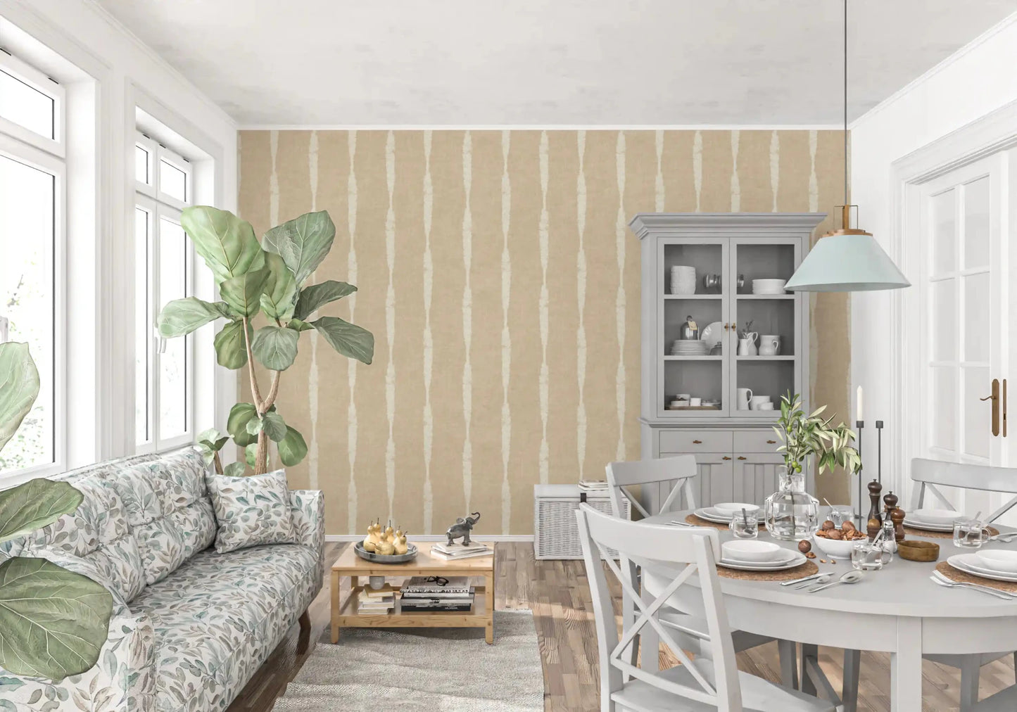 Dining nook rhythm flows neutral and warm via Creamy White Stripe Beige wallpaper.⁠GD9611