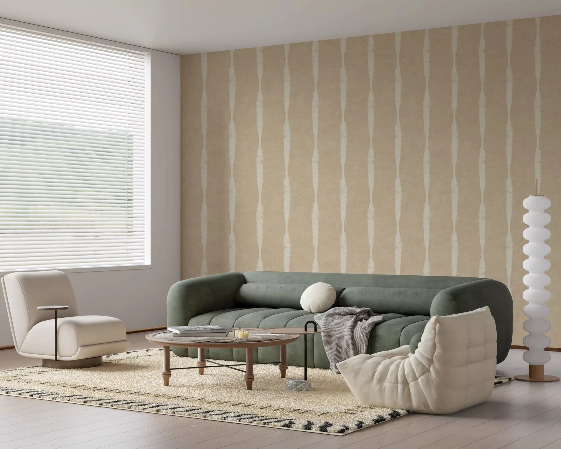 A Living room gains steady linen depth from Creamy White Stripe Beige wallpaper.⁠GD9611
