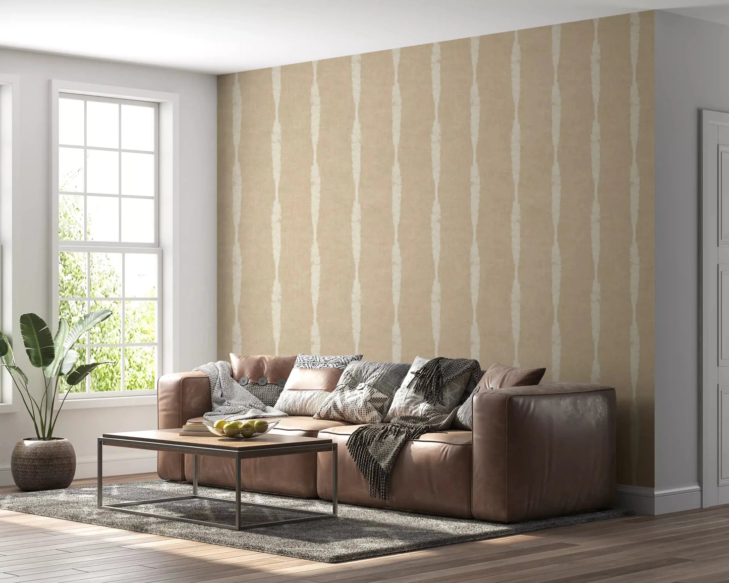 Vertical lines drop neatly down the lounge with Creamy White Stripe Beige wallpaper.⁠GD9611