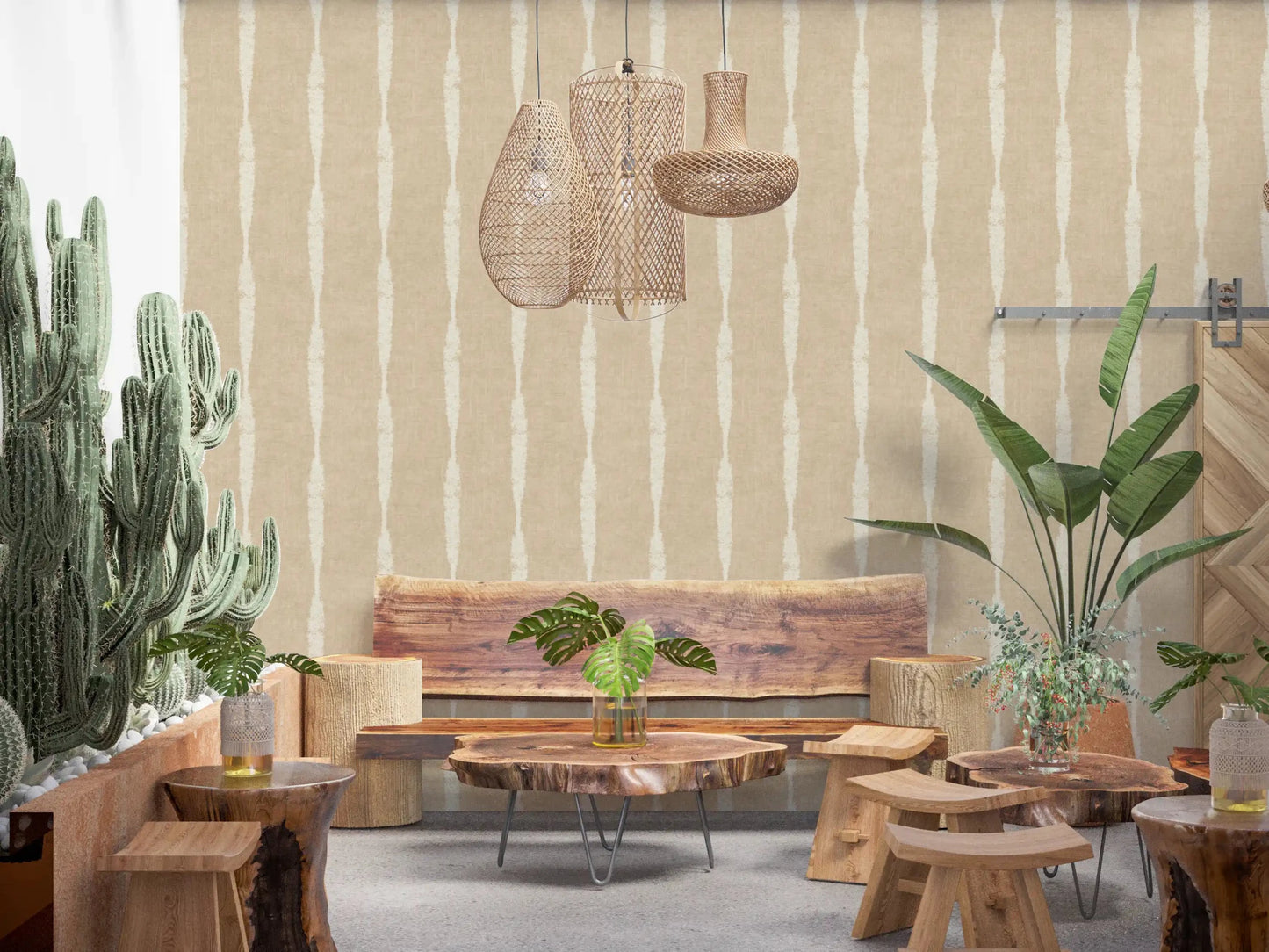 Rustic dining area linen character beside Creamy White Stripe Beige wallpaper.⁠GD9611