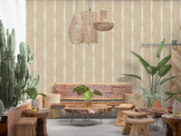 Rustic dining area linen character beside Creamy White Stripe Beige wallpaper.⁠GD9611