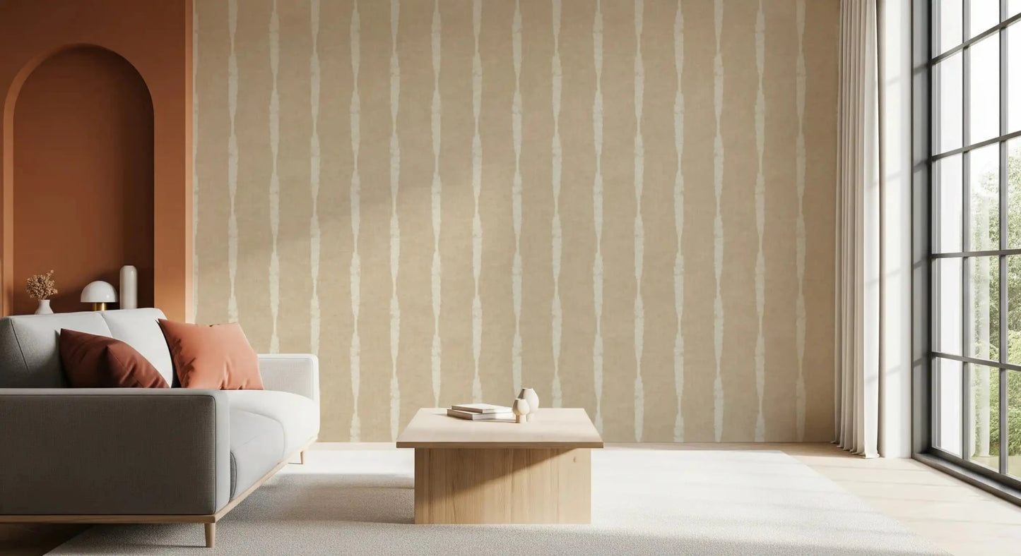 Linen weave shows behind every break on Creamy White Distressed Stripe Beige wallpaper.GD9611