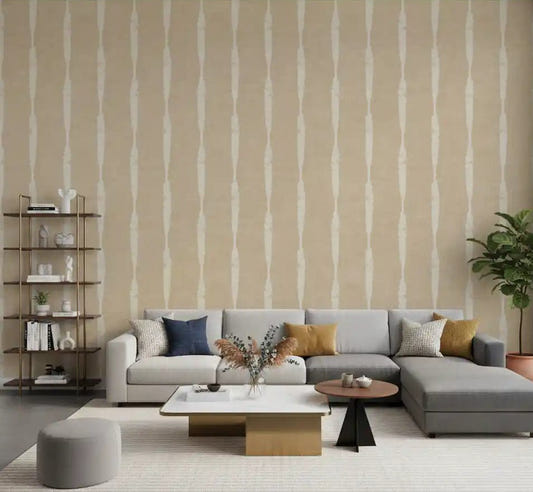 Cream brushwork meets beige linen on the living room in Creamy White Beige wallpaper.