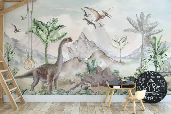 Relaxing dinosaur mural for modern kids’ decor. C363