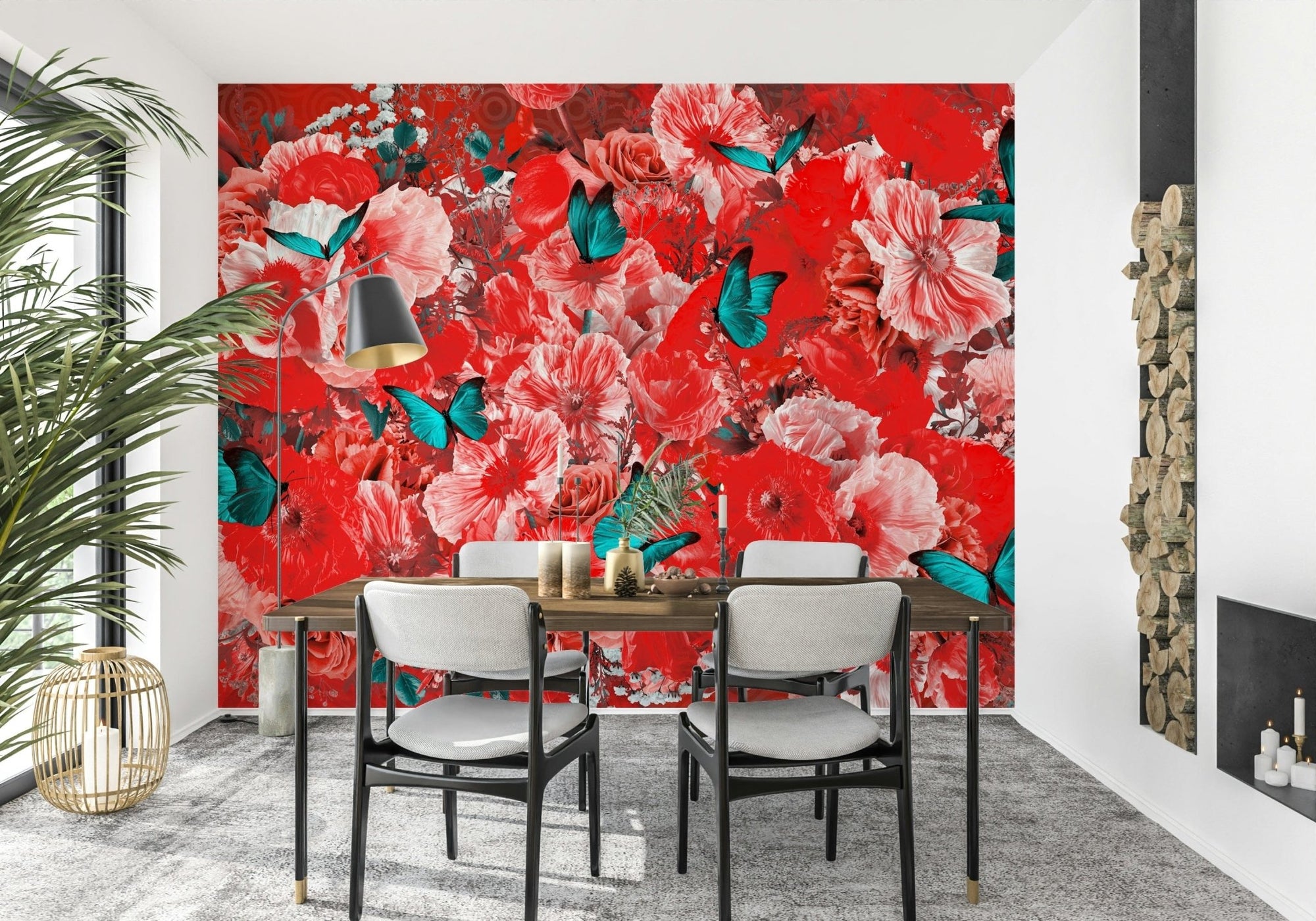 A beautiful crimson floral wallpaper mural for a modern home., GD5305