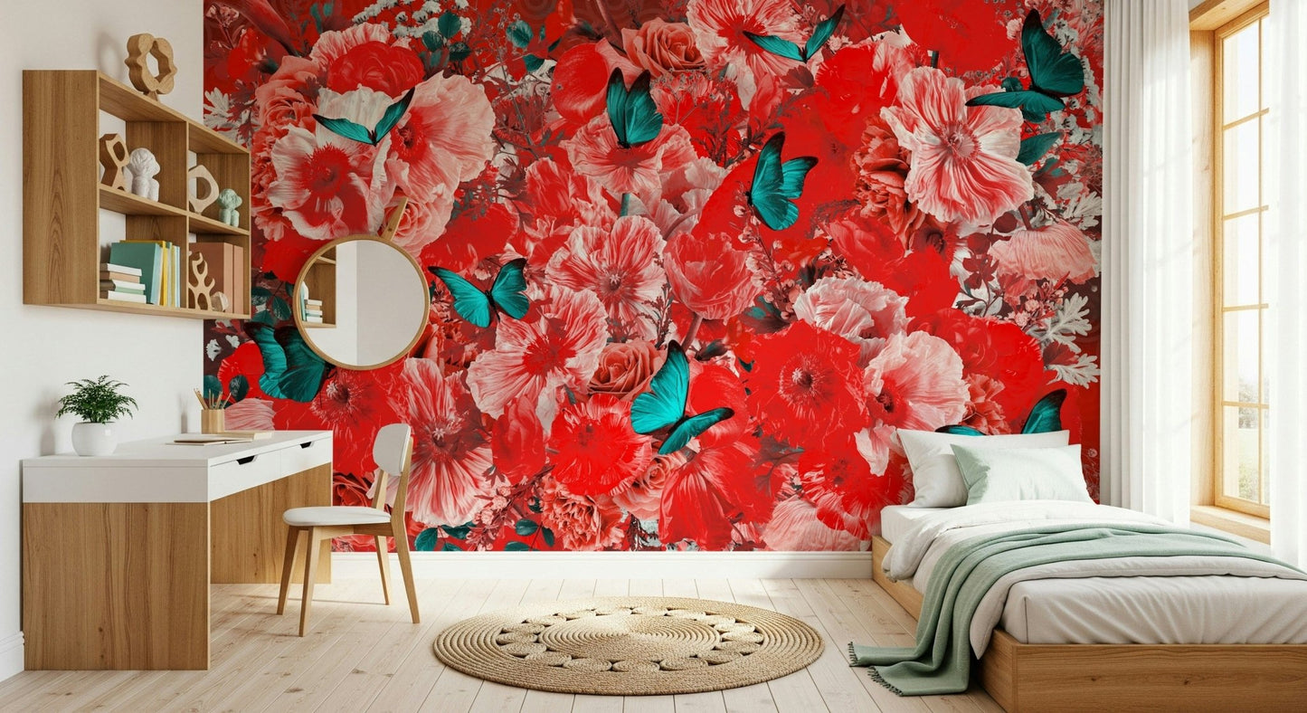 A peaceful flower design mural on decorative wallpaper.