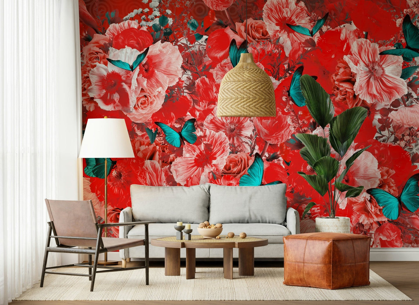 A contemplative floral pattern wallpaper mural for a feature wall.