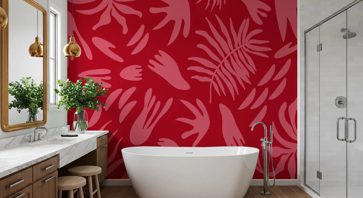 Bathroom styled in Crimson Botanical Dance Wall Mural pattern
