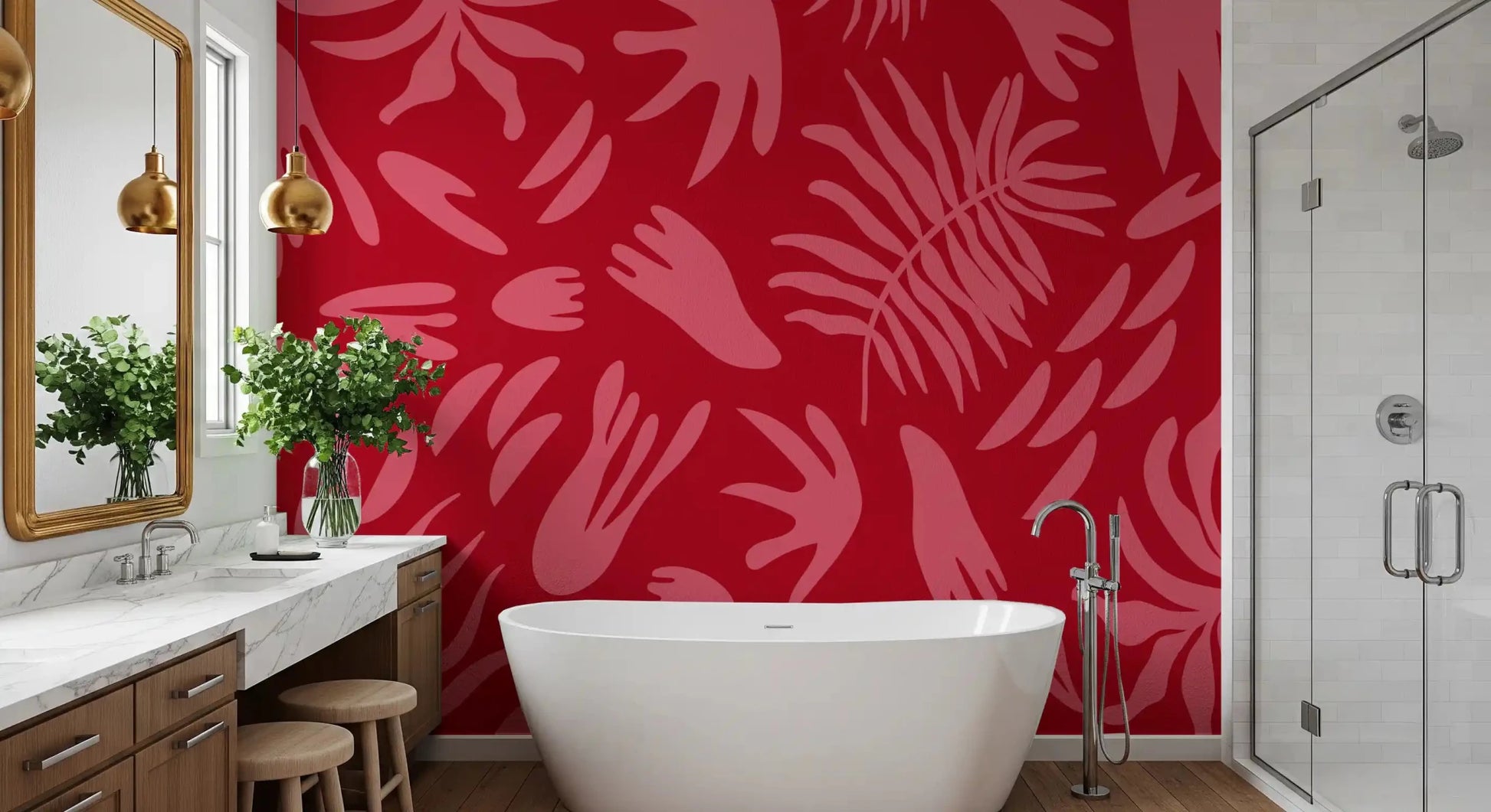 Bathroom styled in Crimson Botanical Dance Wall Mural pattern