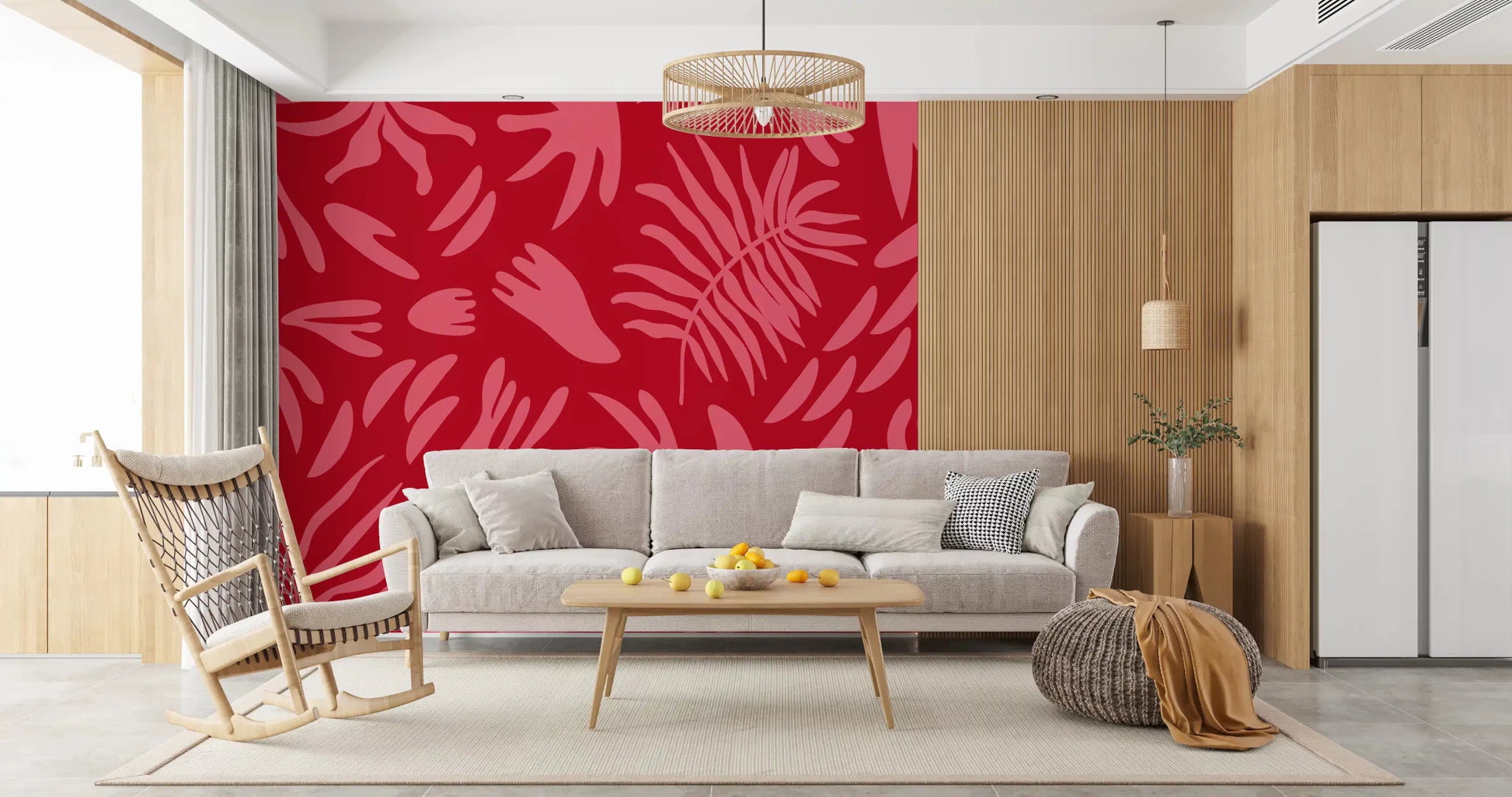 Hallway showing Crimson Botanical Dance Wall Mural leaf shapes