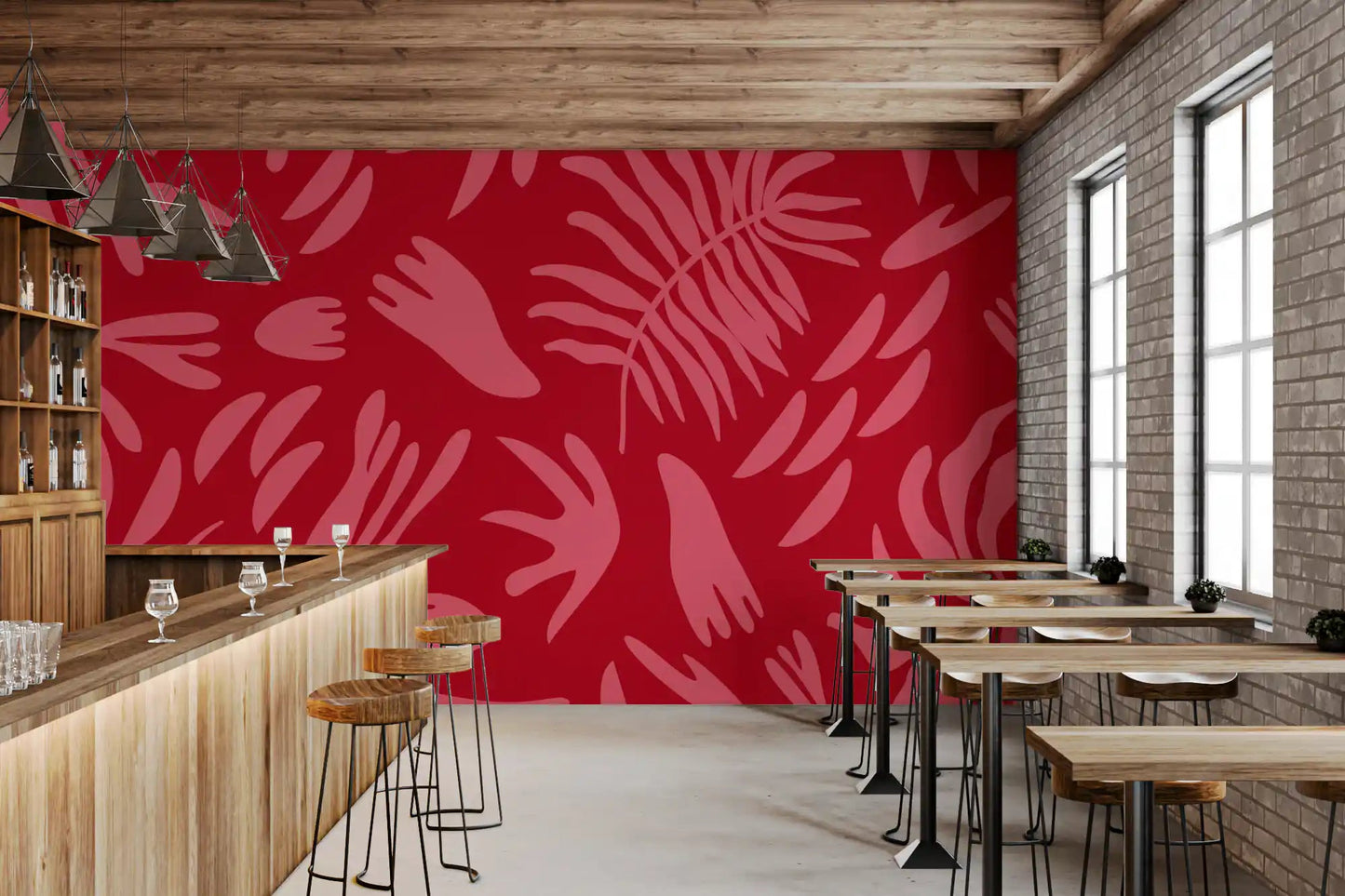 Crimson Botanical Dance Wall Mural with red graphic pattern