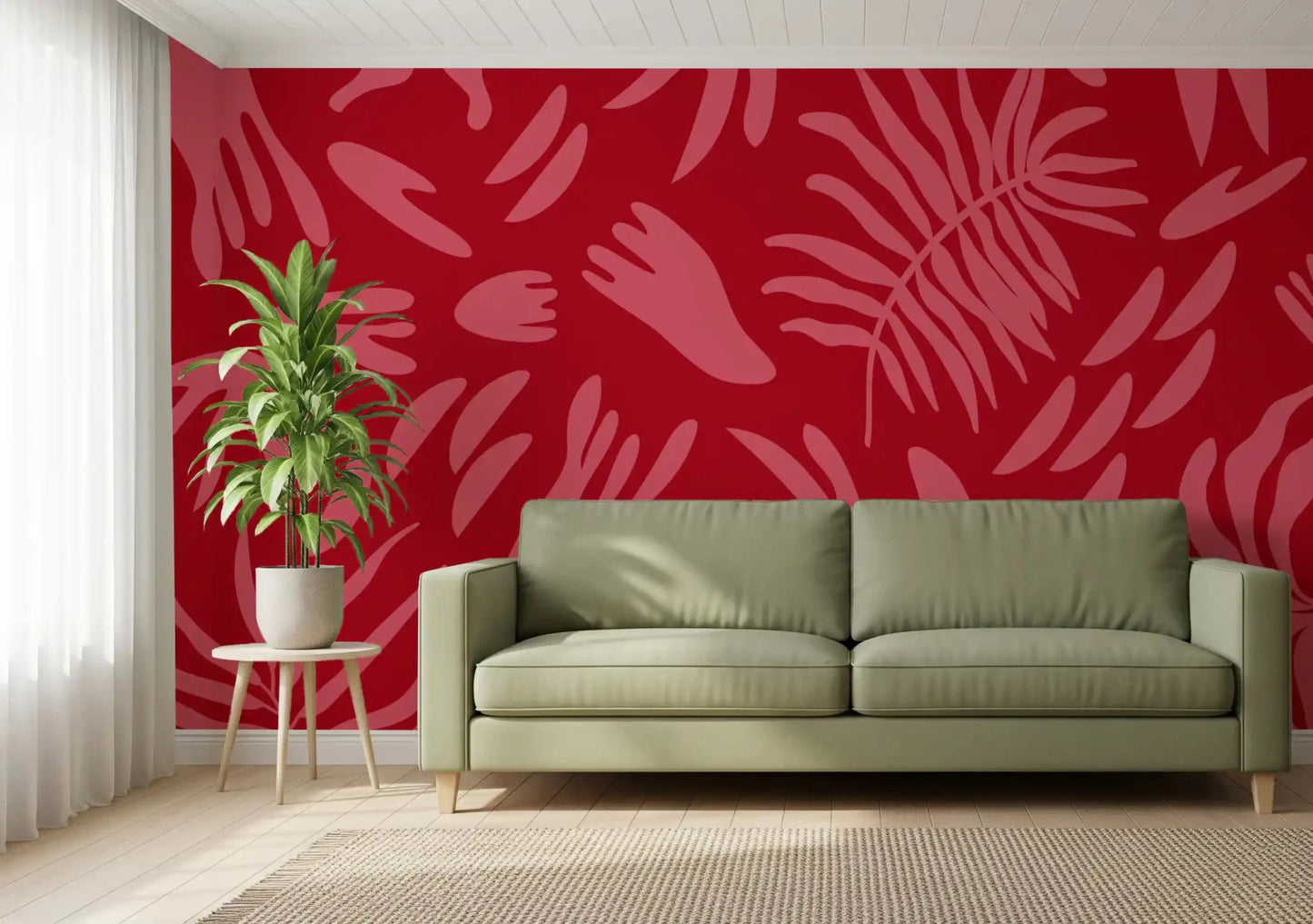 Living room with Crimson Botanical Dance Wall Mural abstract florals