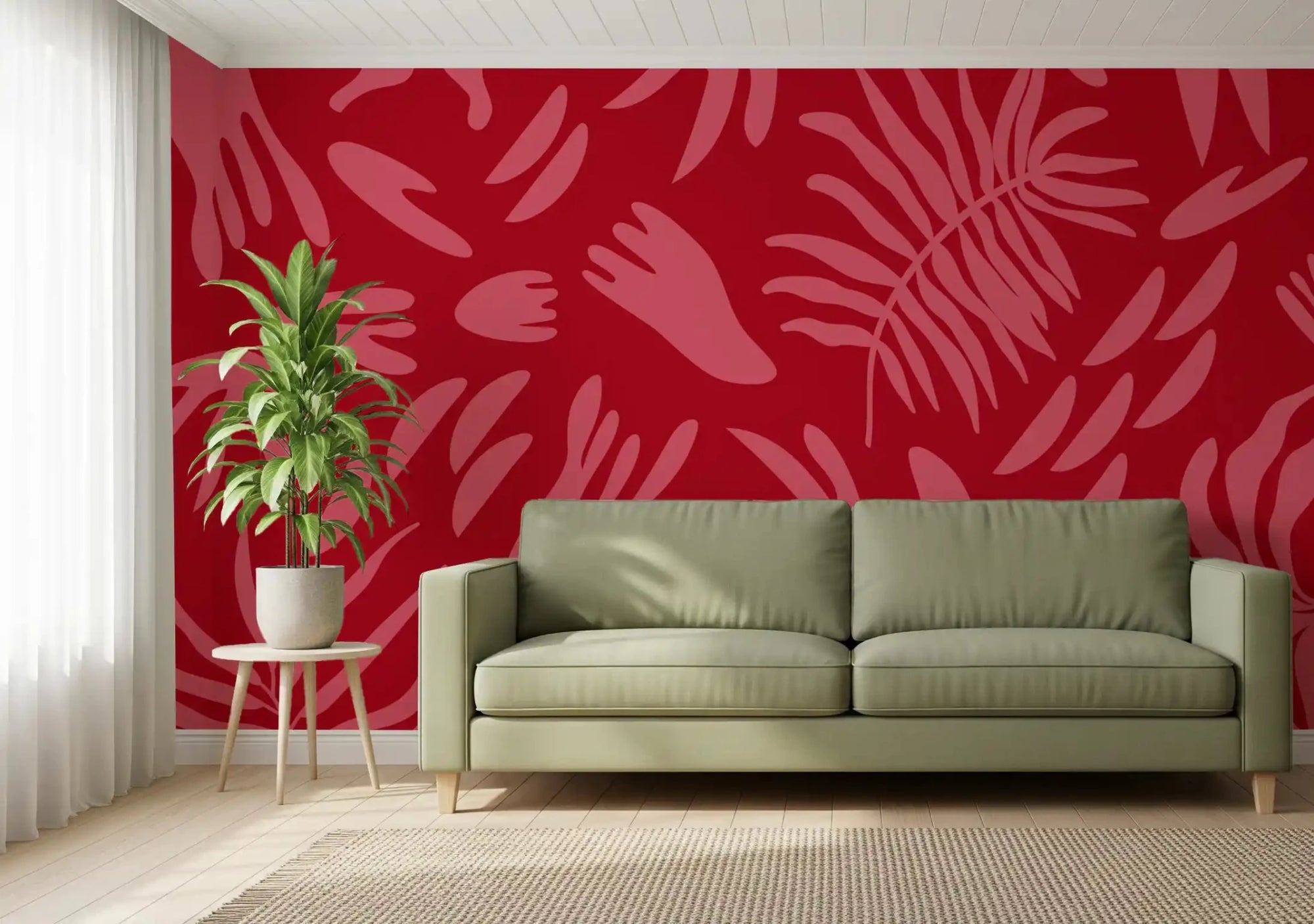 Living room with Crimson Botanical Dance Wall Mural abstract florals, GD9162