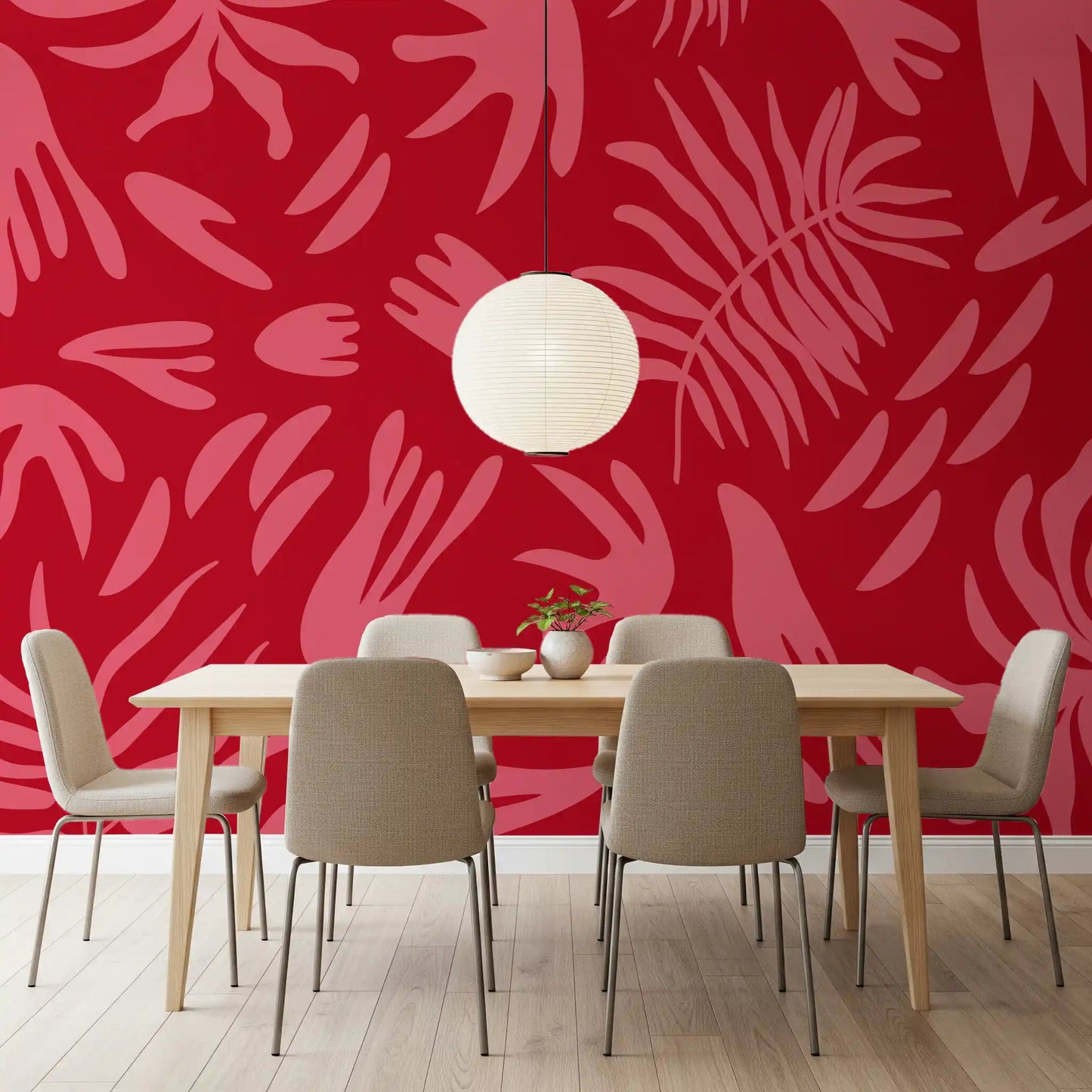 Crimson Botanical Dance Wall Mural with layered leaf motifs