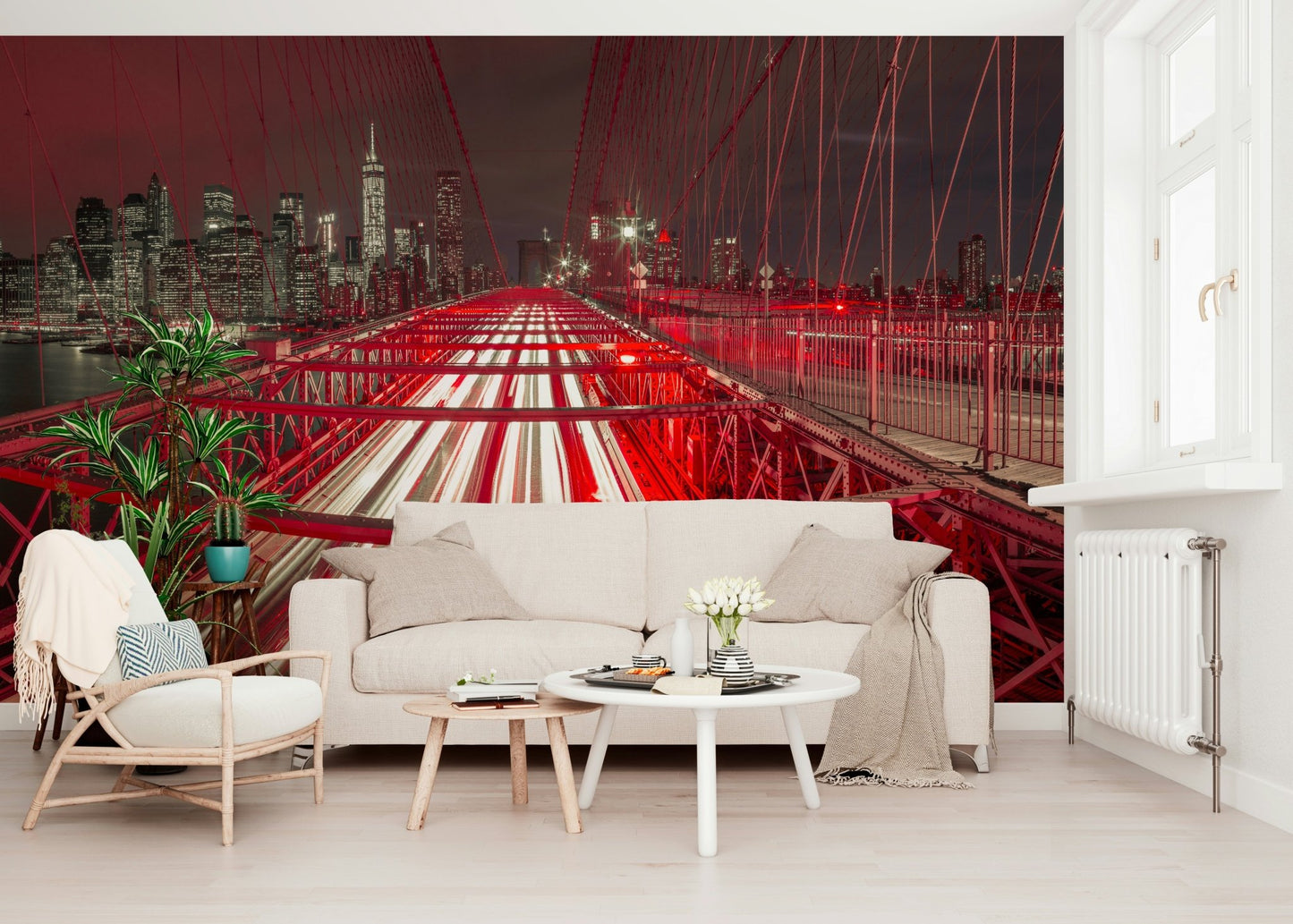 Crimson City Lights Wall Mural accent wall behind a minimalist leather couch.