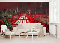 Crimson City Lights Wall Mural accent wall behind a minimalist leather couch.