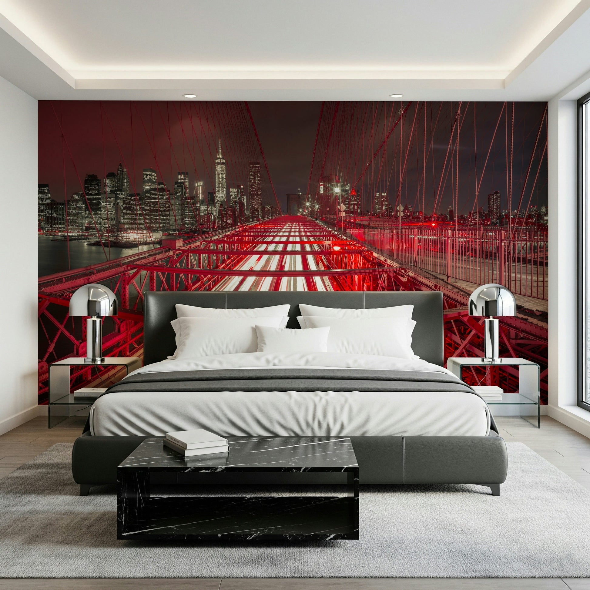 Crimson City Lights Wall Mural creating a striking, expressive feature wall.