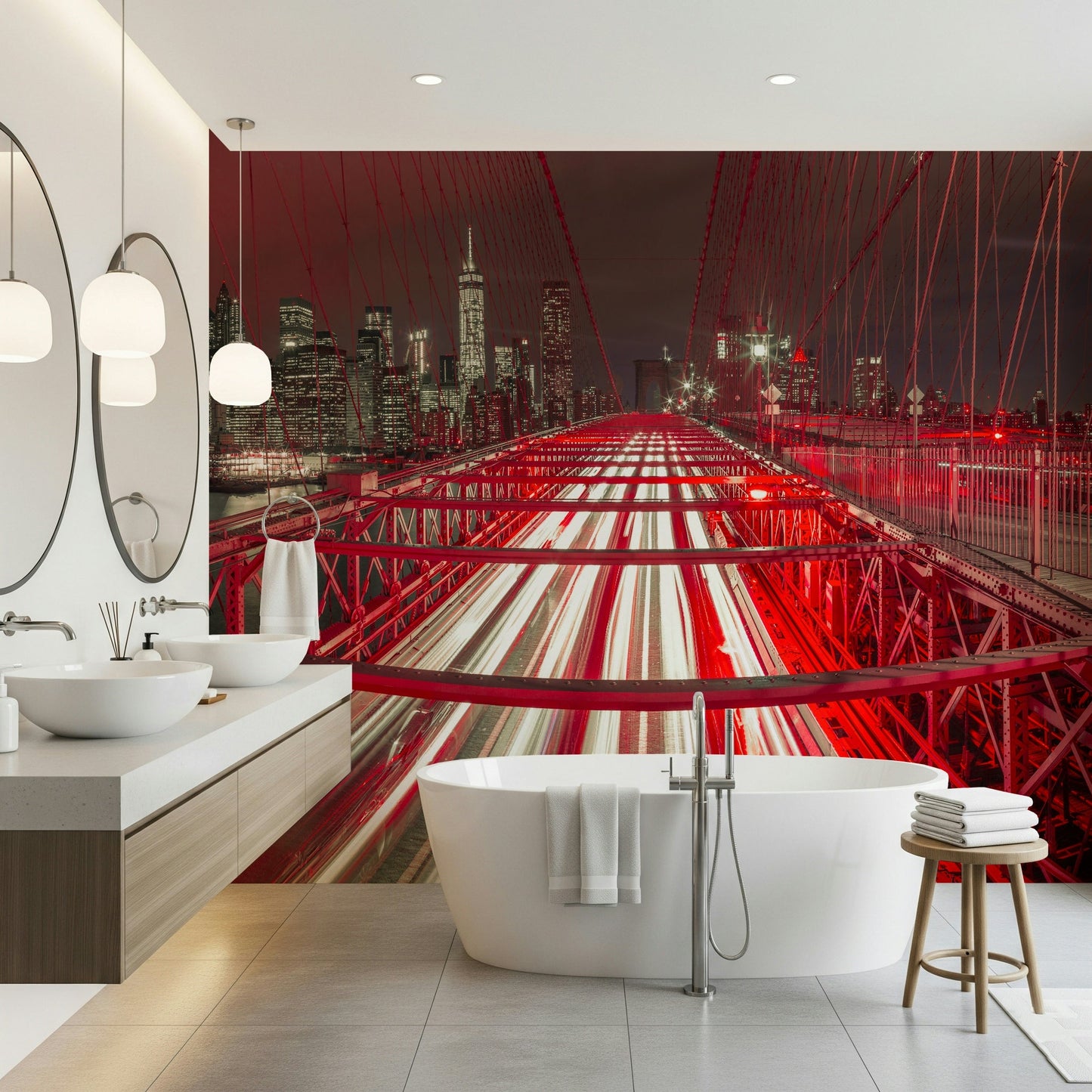 Crimson City Lights Wall Mural in a stylish, high-rise apartment living room.