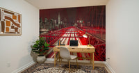 Wide room perspective featuring the dynamic Crimson City Lights Wall Mural.